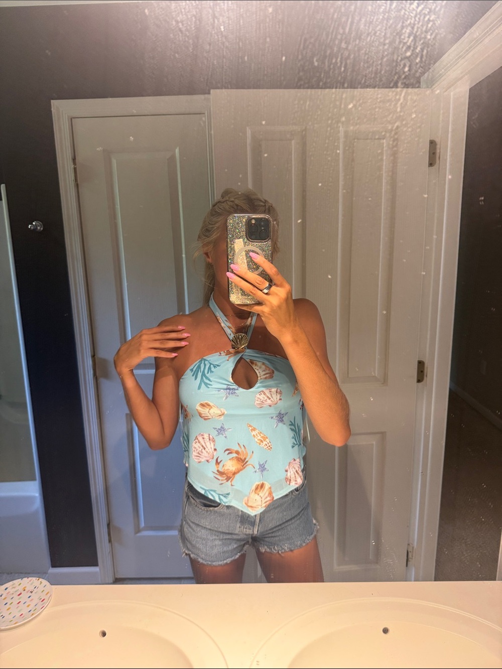 Turquoise Seashell Halter Top with Shell Accent